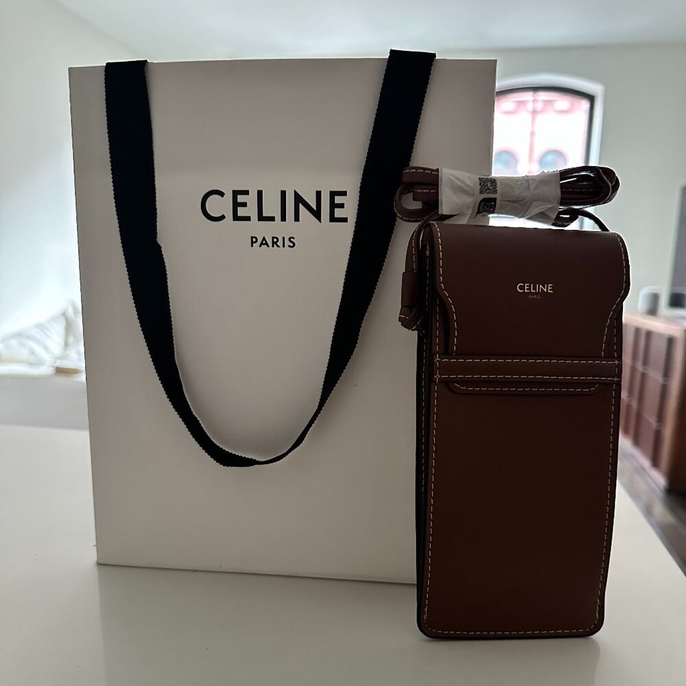 New! Celine Crossbody Case, Tan Leather, Authentic